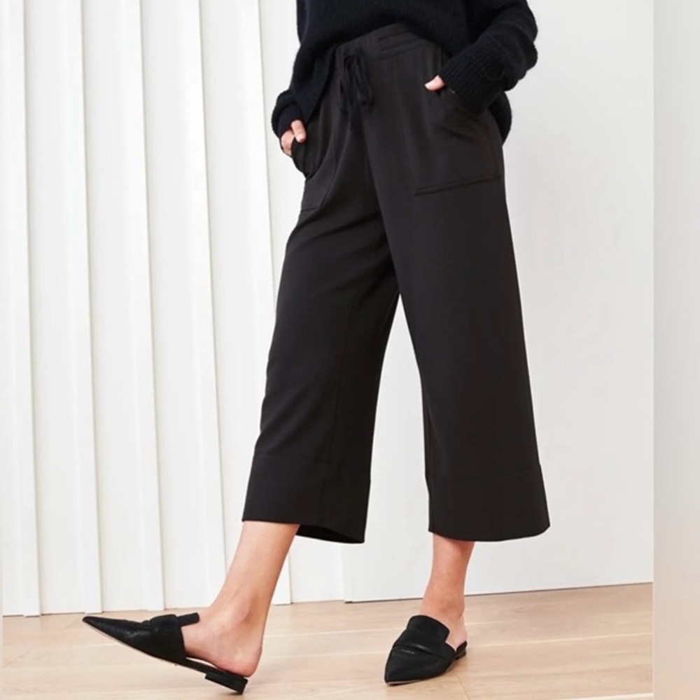 Quince SuperSoft Fleece Cropped Wide Leg Pants in Black Size S